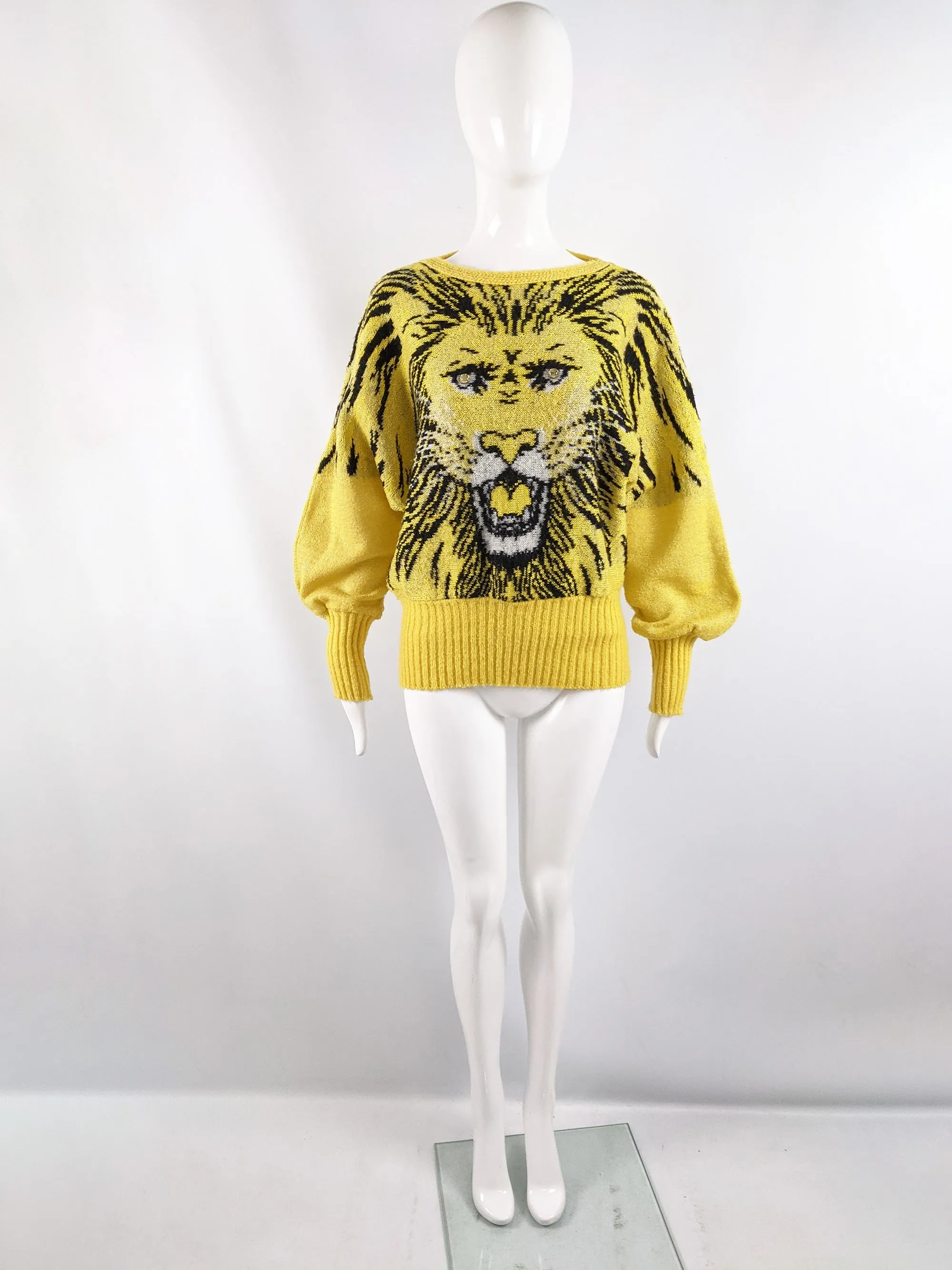 Vintage Yellow Mohair Wool & Acrylic Knit Lion Face Jumper, 1980s