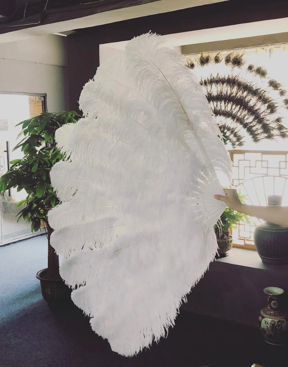 White Advanced XL 2 Layers Ostrich Feather Fan 34"x 60"