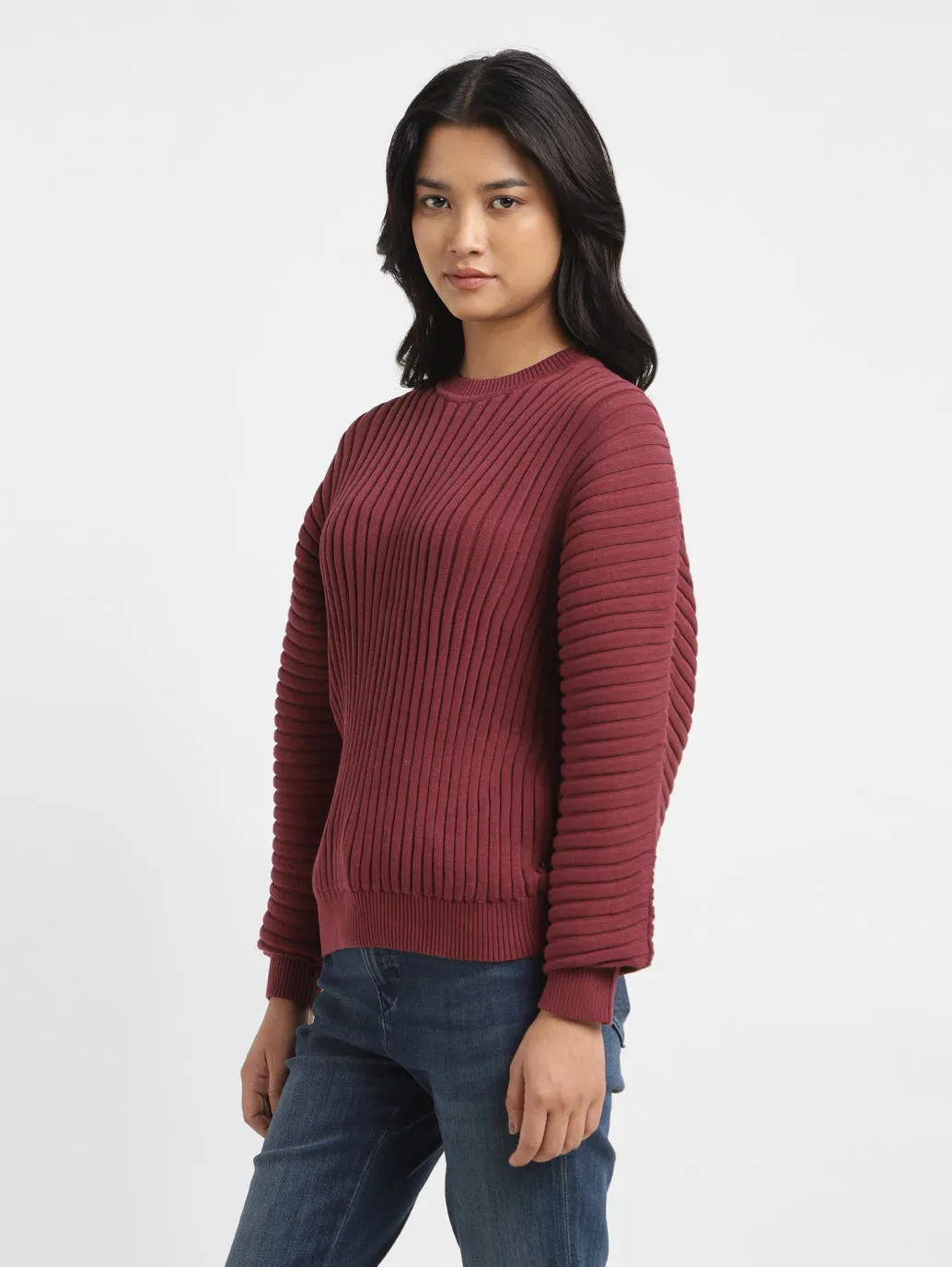 Women's Self Design Maroon Crew Neck Sweater