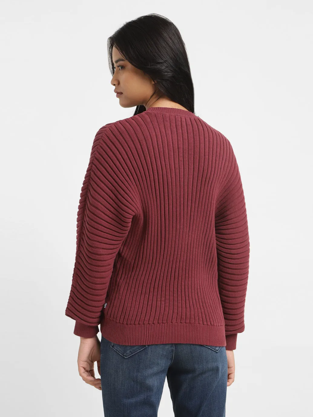 Women's Self Design Maroon Crew Neck Sweater