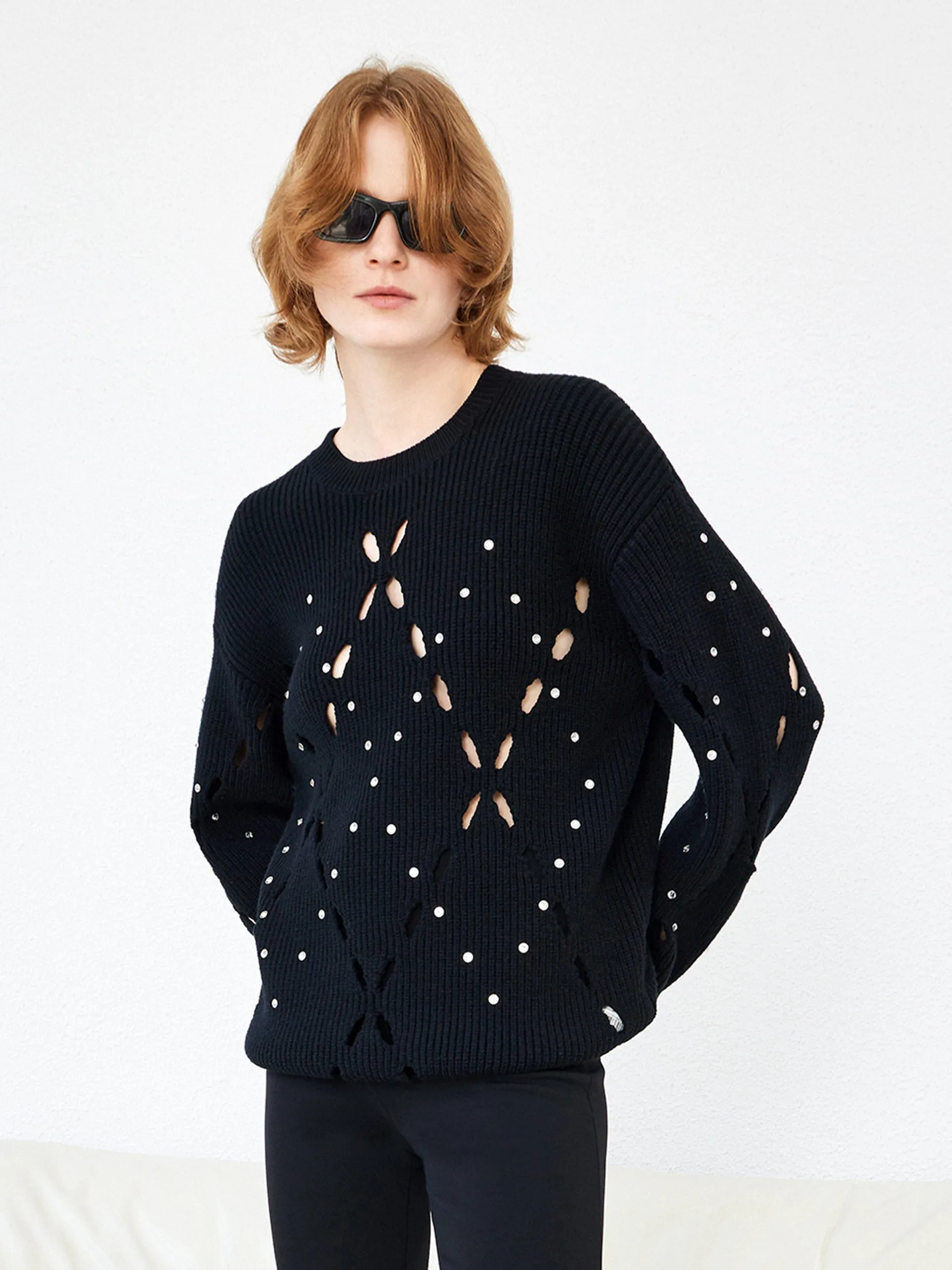 Wool Blend Openwork Rin Knit Pullover