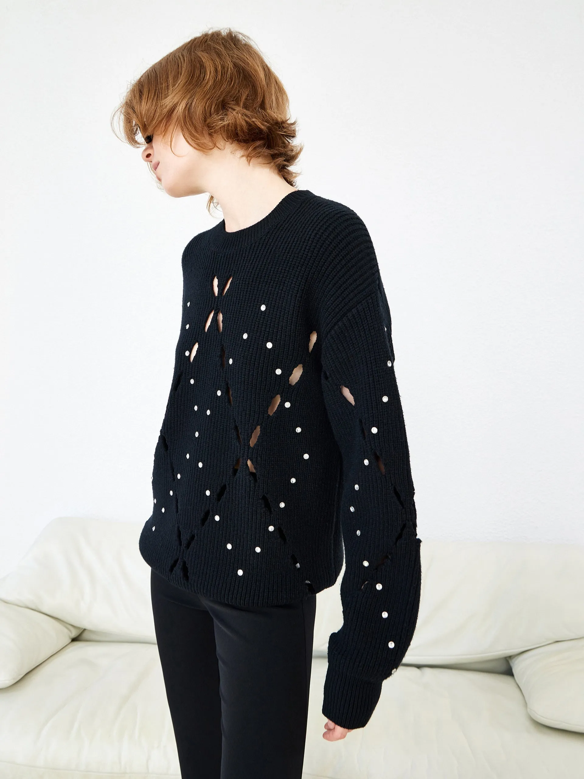 Wool Blend Openwork Rin Knit Pullover