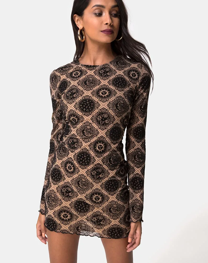 Wyanna Dress in Taupe Net with Black Sign Flock